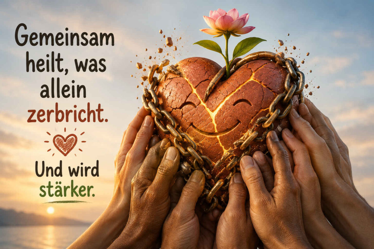 Zahlreiche Hände mit unterschiedlichen Hautfarben halten ein großes rissiges Herz. Das Herz wird von einer schweren Kette umschlungen, leuchtet jedoch golden aus seinen Bruchstellen und trägt ein lächelndes Gesicht. Aus seiner Mitte wächst eine rosafarbene Blume. Der Text lautet: „Gemeinsam heilt, was allein zerbricht. Und wird stärker.“
