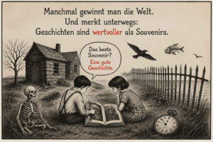 Zwei Kinder sitzen in einer verlassen wirkenden Landschaft neben einem Skelett und betrachten gemeinsam ein altes Bilderbuch. Hinter ihnen stehen ein baufälliges Holzhaus und ein langer Metallzaun, während ein Vogel und ein Fischskelett durch die Luft fliegen. Eine Sprechblase erklärt: „Das beste Souvenir? Eine gute Geschichte.“ Darüber steht: „Manchmal gewinnt man die Welt. Und merkt unterwegs: Geschichten sind wertvoller als Souvenirs.“