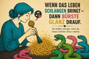 Eine Frau bürstet konzentriert einen großen Haufen aus goldenen, ineinander verschlungenen Strängen. Mehrere grüne, blaue und rosafarbene Schlangen beobachten sie neugierig. Der Bildtext lautet: „Wenn das Leben Schlangen bringt – dann bürste Glanz drauf.“ Darunter steht: „Sie beißen weniger, wenn du etwas Schönes draus machst.“