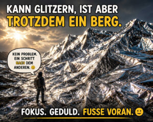 Ein einzelner Wanderer steht vor einem gewaltigen Gebirge aus zerknittertem, glänzendem Metall. Sonnenstrahlen brechen durch dunkle Wolken und spiegeln sich auf den scharfkantigen Flächen. Seine Sprechblase lautet: „Kein Problem. Ein Schritt nach dem anderen.“ Ergänzt wird die Szene durch: „Kann glitzern, ist aber trotzdem ein Berg. Fokus. Geduld. Füße voran.“