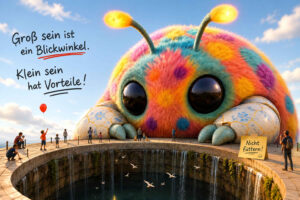Ein gewaltiges buntes Fantasiewesen sitzt hinter einem tiefen, von Wasserfällen gesäumten Rundbecken. Zahlreiche kleine Menschen betrachten und fotografieren es, während ein Kind einen roten Luftballon steigen lässt. Links steht: „Groß sein ist ein Blickwinkel. Klein sein hat Vorteile!“ Ein Schild vor dem Wesen trägt die humorvolle Warnung: „Nicht füttern!“