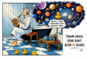Ein älterer Mann im Bademantel sitzt neben einer Badewanne und schreibt in ein Heft mit der Aufschrift „Ideen für morgen“. In seiner Gedankenblase schweben zahlreiche Planeten sowie eine gelbe Gummiente durch den Weltraum. Auf dem Badezimmerboden sitzen weitere Enten zwischen kleinen Wasserpfützen. Die Texte lauten: „Große Ideen brauchen kein großes Büro“ und „Traum groß. Denk bunt. Bleib du selbst.“