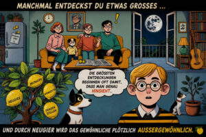 Ein Junge mit Brille blickt überrascht in die Kamera, während hinter ihm seine Familie auf einem Sofa sitzt. Neben ihm wächst ein Zitronenbaum, dessen Früchte mit „Neugier“, „Beobachten“ und „Fragen stellen“ beschriftet sind. Durch die offene Balkontür ist ein großer Vollmond zu sehen. Die Texte lauten: „Manchmal entdeckst du etwas Großes …“, „Die größten Entdeckungen beginnen oft damit, dass man genau hinsieht.“ und „Durch Neugier wird das Gewöhnliche plötzlich außergewöhnlich.“
