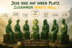 Sieben unterschiedliche grüne Figuren sitzen in einer Berglandschaft nebeneinander, darunter Gestalten mit flammenförmigem Kopf, Kapuze und Sonnengesicht. In Sprechblasen erklären sie ihren jeweiligen Beitrag: Funken, Bewegung, Klarheit, Licht, besondere Sichtweisen, Fragen und einen gemeinsamen Rahmen. Über ihnen steht: „Jede Idee hat ihren Platz. Zusammen wird’s hell.“ Ein Schild ergänzt: „Vielfalt ist kein Luxus – sie ist unsere Stärke.“