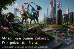 Eine schwarze menschenähnliche Gestalt ruht in einem grünen Park einer futuristischen Stadt. Hinter ihr steht ein großes maschinenartiges Tier mit farbigen Schleifen, umgeben von hohen Stelen mit Gesichtern. Rosa Blüten schwimmen in einem Wasserbecken und mildern die technische Umgebung. Der Text lautet: „Maschinen bauen Zukunft. Wir geben ihr Herz. Gemeinsam wird aus Technik ein Zuhause.“