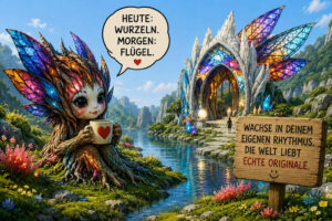 Ein kleines Wesen, dessen Körper aus Wurzeln und farbigen Flügeln besteht, sitzt mit einer Tasse am Ufer eines klaren Sees. Auf der anderen Seite erhebt sich ein prächtiges Gebäude mit bunten, glasartigen Flügeln. Das Wesen sagt: „Heute: Wurzeln. Morgen: Flügel.“ Ein Schild ergänzt: „Wachse in deinem eigenen Rhythmus. Die Welt liebt echte Originale.“