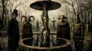 Vier bleiche Gestalten in düsteren historischen Gewändern und Narrenmützen stehen in einem kahlen Wald um einen runden Brunnen. Aus dem schwarzen Wasser ragen lang gezogene menschliche Köpfe, die mit einer hohen, pilzförmigen Säule verwachsen sind. Ihr breiter Schirm trägt ein weiteres schmales Gesicht und überragt die schweigende Gesellschaft.