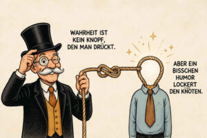 Ein Zauberkünstler mit Zylinder und Monokel hält ein langes Seil, das sich vor ihm zu einem komplizierten Knoten windet. Das andere Ende bildet anstelle des Kopfes eines Mannes eine große leere Schlaufe. Über der Szene steht: „Wahrheit ist kein Knopf, den man drückt.“ Daneben lautet die Ergänzung: „Aber ein bisschen Humor lockert den Knoten.“