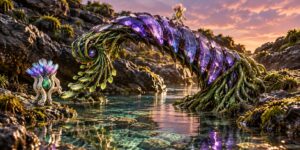 In einer flachen Wasserlandschaft zwischen dunklen Felsen erhebt sich ein gebogener, pflanzenartiger Bogen aus violetten Kristallsegmenten und grünen Ranken. Die Struktur wächst aus dem Wasser wie ein lebendes Wesen und neigt sich über einen kleinen, blütenartigen Kristallkörper am Ufer. Auf dem Bogen sitzt zusätzlich eine winzige lichtartige Gestalt, die den Eindruck einer bewohnten Fantasienatur verstärkt. Der rosa-violette Himmel im Hintergrund taucht die Szene in warmes Abendlicht.