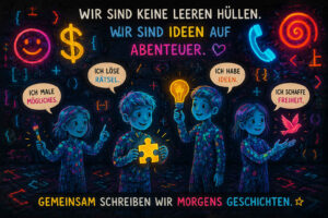 Vier Kinder in farbenfroher Kleidung stehen vor einem dunklen Hintergrund voller leuchtender Symbole. Sie malen Möglichkeiten, lösen Rätsel, entwickeln Ideen und erschaffen Freiheit. Über ihnen steht: „Wir sind keine leeren Hüllen. Wir sind Ideen auf Abenteuer.“ Der untere Bildtext lautet: „Gemeinsam schreiben wir morgens Geschichten.“