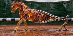 Ein durchsichtig wirkendes Pferd aus bernsteinfarbenem Material und floralen Strukturen bewegt sich durch eine ummauerte Arena. Sein lang ausgezogener Körper wird von einer kleinen metallischen Figur festgehalten, die sich mit aller Kraft dagegenstemmt. Knochenartige Elemente verbinden beide Seiten der ungewöhnlichen Konstruktion. Die Szene wirkt wie ein eingefrorener Moment zwischen Festhalten und Losbrechen.