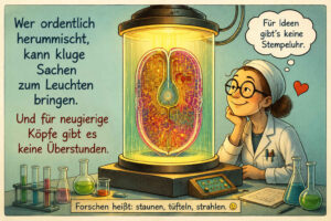 Eine Wissenschaftlerin betrachtet lächelnd ein leuchtendes mechanisches Gehirn in einem großen Glasbehälter. Auf dem Labortisch stehen Reagenzgläser, Kolben, Zeichnungen und verschiedene farbige Flüssigkeiten. Die Bildtexte erklären: „Wer ordentlich herummischt, kann kluge Sachen zum Leuchten bringen.“ und „Für neugierige Köpfe gibt es keine Überstunden.“ Unten steht: „Forschen heißt: staunen, tüfteln, strahlen.“