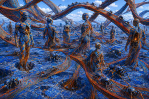 Zahlreiche menschenähnliche Gestalten stehen in einer leuchtend blauen Ebene und sind durch breite orange-blaue Stränge miteinander verbunden. Ihre Körper bestehen aus verflochtenen Fasern und besitzen offene Hohlräume, in denen warmes Licht glimmt. Käferartige Wesen bewegen sich über den Boden und die geschwungenen Verbindungen. Die gesamte Landschaft erscheint wie ein einziger vernetzter Organismus.