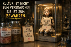 Ein puppenhaftes Robotermädchen sitzt in einer gläsernen Apparatur und hält ein Schild mit der Aufschrift: „Ich bin kein Produkt.“ Daneben stehen Gläser mit „Menschengewebe“ und „Menschenhaare“ sowie ein Hinweis: „Kein Rohstoff. Ein Schatz.“ Die kalte Laborumgebung lässt das Bewahren von Kultur wie eine technische Konservierung erscheinen. Darüber steht: „Kultur ist nicht zum Verbrauchen. Sie ist zum Bewahren.“