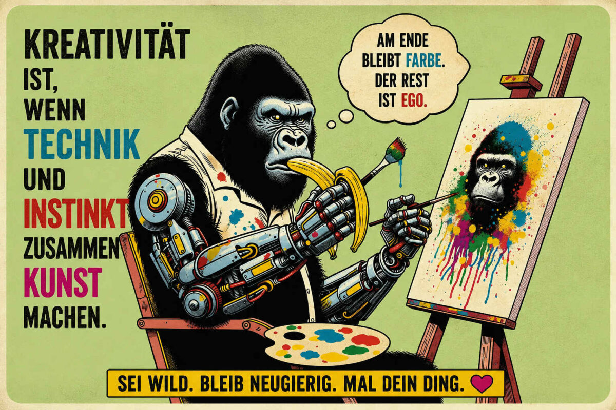 Ein Gorilla mit mechanischen Armen sitzt vor einer Staffelei und malt ein farbenfrohes Selbstporträt. Dabei hält er einen Pinsel und eine Palette, während eine Banane in seinem Mund steckt. Der Text erklärt: „Kreativität ist, wenn Technik und Instinkt zusammen Kunst machen.“ In seiner Gedankenblase steht: „Am Ende bleibt Farbe. Der Rest ist Ego“, und darunter: „Sei wild. Bleib neugierig. Mal dein Ding.“