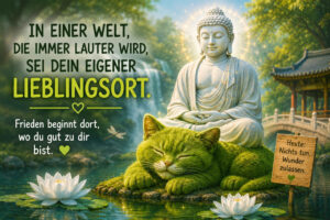 Eine große weiße Buddhafigur meditiert an einem stillen Teich, während davor eine riesige grüne Mooskatze friedlich schläft. Weiße Lotusblüten treiben auf dem Wasser, und im Hintergrund rauscht ein Wasserfall. Ein Schild empfiehlt: „Heute: Nichts tun. Wunder zulassen.“ Daneben steht: „In einer Welt, die immer lauter wird, sei dein eigener Lieblingsort. Frieden beginnt dort, wo du gut zu dir bist.“