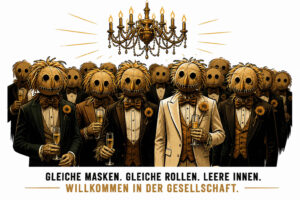 Eine große Gruppe festlich gekleideter Gestalten steht mit Sektgläsern unter einem prächtigen Kronleuchter. Alle tragen nahezu identische Masken aus Stroh mit schwarzen Augenhöhlen und zugenäht wirkenden Mündern. Nur die vorn stehende Figur hebt sich durch einen weißen Anzug von der dunkel gekleideten Gesellschaft ab. Darunter steht: „Gleiche Masken. Gleiche Rollen. Leere innen. Willkommen in der Gesellschaft.“