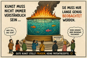 Eine Gruppe von Menschen betrachtet ein großes Aquarium, auf dessen oberem Rand ein gewaltiges Feuer brennt. In Gedankenblasen fragen sich zwei Besucher: „Was soll das sein?“ und „Keine Ahnung! Aber irgendwie fasziniert.“ Die Texte erklären: „Kunst muss nicht immer verständlich sein … Sie muss nur lange genug beobachtet werden.“ Ein Schild bezeichnet das Werk als „Meisterwerk seit 2024“, während darunter steht: „Gute Kunst stellt Fragen, keine Patentrezepte.“