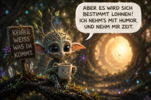 Ein kleines Wesen mit großen Ohren, leuchtenden Augen und Zweigen auf dem Kopf sitzt in einem geheimnisvollen Wald. Es hält eine Tasse mit lächelndem Gesicht, während hinter ihm ein heller Tunnel in die unbekannte Ferne führt. Ein Schild warnt: „Keiner weiß, was da kommt.“ Das Wesen antwortet: „Aber es wird sich bestimmt lohnen! Ich nehm’s mit Humor und nehm mir Zeit.“