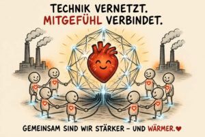 Mehrere einfache menschliche Figuren stehen im Kreis, halten einander an den Händen und sind über Kabel mit einem großen lächelnden Herzen verbunden. Das Herz wird von einem leuchtenden technischen Netzwerk umgeben, während im Hintergrund Fabriken Rauch ausstoßen. Über der Szene steht: „Technik vernetzt. Mitgefühl verbindet.“ Darunter lautet die Botschaft: „Gemeinsam sind wir stärker – und wärmer.“