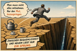 Ein Mann im Anzug springt über eine tiefe und lange Erdspalte in einer ausgetrockneten Landschaft. Hinter ihm bleiben ein Teekessel und zwei unterschiedlich große Tassen zurück. Seine Gedanken lauten: „Man muss nicht alles mitnehmen. Nur den Mut, loszuspringen.“ Am unteren Rand steht: „Zwischen Bequemlichkeit und Neuem liegt nur ein Sprung.“