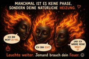 Drei dunkle Gesichter mit Haaren aus lodernden Flammen schweben vor schwarzem Hintergrund. Sie erklären: „Ich bin nicht zu viel“, „Ich bin echt“ und „Ich wärme meine Welt.“ Die Feuerköpfe wirken ruhig und freundlich, obwohl sie von gewaltigen Flammen umgeben sind. Darüber steht: „Manchmal ist es keine Phase, sondern deine natürliche Heizung.“ Das Fazit lautet: „Leuchte weiter. Jemand braucht dein Feuer.“