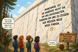 Ein Wanderführer und vier Kinder stehen ratlos vor einer riesigen hellen Steinmauer, die ihnen den Weg versperrt. Der Mann sagt: „Keine Sorge. Jede große Herausforderung beginnt mit: ‚Hmm … okay.‘“ Auf der Mauer steht: „Manchmal ist die Barriere nicht da, um uns aufzuhalten, sondern um uns zu zeigen: Wir müssen neue Wege finden.“ Ein Schild erklärt: „Neue Perspektiven entstehen, wenn wir uns bewegen“, während eine Schnecke anmerkt: „Langsam, aber mit Stil!“