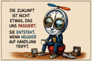 Eine Figur mit einem großen Uhrengesicht sitzt mit einer Tasse auf einem roten Hocker. In ihren runden Brillengläsern spiegeln sich eine moderne Stadt und eine unberührte Gebirgslandschaft, während auf dem Kopf ein kleiner Propeller sitzt. Mehrere Uhren, einzelne Zahnräder, Papiere und ein Paar Schuhe liegen auf dem Boden. Der Text lautet: „Die Zukunft ist nicht etwas, das uns passiert. Sie entsteht, wenn Neugier auf Handlung trifft.“