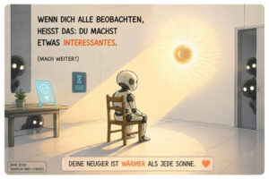 Ein Roboter sitzt in einem hellen Raum auf einem einfachen Holzstuhl und betrachtet eine sonnenähnlich leuchtende Kugel an der Wand. Mehrere schwarze Gestalten mit weißen Augen beobachten ihn heimlich aus Türen und hinter einem Tisch. Der Text lautet: „Wenn dich alle beobachten, heißt das: Du machst etwas Interessantes. (Mach weiter!)“ Darunter steht: „Deine Neugier ist wärmer als jede Sonne“, während eine kleine Beschriftung die Szene als „Jahr 3000 – Tagebuch eines Cyborgs“ bezeichnet.