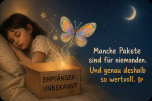 Ein schlafendes Kind liegt neben einem geöffneten Karton, aus dem goldenes Licht und ein farbenfroher Schmetterling aufsteigen. Auf dem Paket steht: „Empfänger: unbekannt“. Über der stillen Nachtszene leuchtet eine schmale Mondsichel. Der begleitende Text lautet: „Manche Pakete sind für niemanden. Und genau deshalb so wertvoll.“