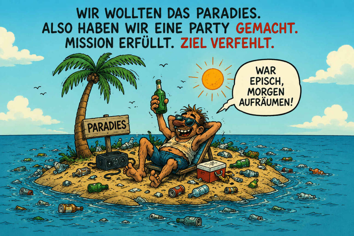 Auf einer winzigen tropischen Insel entspannt sich ein Mann mit Sonnenbrille und Flasche zwischen Palmen, Getränkekühler und Musikanlage. Um ihn herum liegen zahlreiche leere Flaschen, Dosen und weiterer Partymüll, während ein Schild die Insel als „Paradies“ bezeichnet. Über der Szene steht: „Wir wollten das Paradies. Also haben wir eine Party gemacht. Mission erfüllt. Ziel verfehlt.“ Der Mann sagt: „War episch, morgen aufräumen!“
