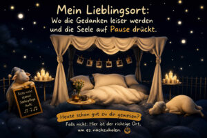 Ein weißes Himmelbett steht unter einem dunklen Sternenhimmel und ist von Kerzen, Blumen und kleinen Erinnerungsfotos umgeben. Zwei Schafe im Schlafanzug ruhen friedlich neben dem Bett. Ein Schild verkündet: „Bitte nicht stören! Seelenpflege läuft.“ Darüber steht: „Mein Lieblingsort: Wo die Gedanken leiser werden und die Seele auf Pause drückt.“ Unten wird gefragt: „Heute schon gut zu dir gewesen? Falls nicht: Hier ist der richtige Ort, um es nachzuholen.“