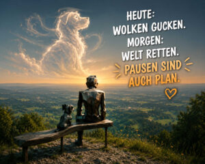 Eine kantige menschliche Figur und ein ebenso geometrisch gestalteter Hund sitzen auf einer Bank über einer weiten grünen Landschaft. Am Himmel hat eine leuchtende Wolke die Gestalt eines gewaltigen Hundes angenommen. Beide betrachten gemeinsam die friedliche Erscheinung im Abendlicht. Der Text lautet: „Heute: Wolken gucken. Morgen: Welt retten. Pausen sind auch Plan.“