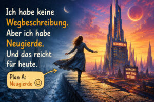 Eine Frau balanciert auf einer hohen Mauer zwischen einer dunklen Eislandschaft und einer leuchtenden futuristischen Stadt. Über der Stadt stehen mehrere Himmelskörper, und ein riesiger Turm trägt die Aufschrift „Neugierde AG“. Ein Schild verkündet: „Morgen? Wir sind bereit!“ Links steht: „Ich habe keine Wegbeschreibung. Aber ich habe Neugierde. Und das reicht für heute.“ Ein Pfeil bezeichnet dies als „Plan A: Neugierde“.