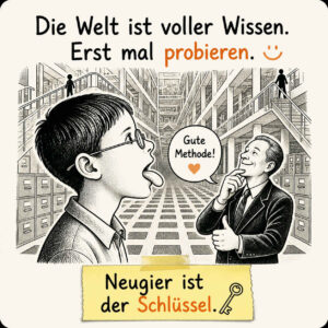 Ein Mann mit Brille streckt in einer riesigen Bibliothek neugierig die Zunge heraus, während ihm ein zweiter Mann anerkennend den Daumen zeigt. Hohe Regale, Karteikästen, Treppen und schmale Laufstege bilden einen nahezu endlosen Wissensraum. In einer Sprechblase steht: „Gute Methode!“ Der obere Text lautet: „Die Welt ist voller Wissen. Erst mal probieren“, und ein angehefteter Zettel ergänzt: „Neugier ist der Schlüssel.“