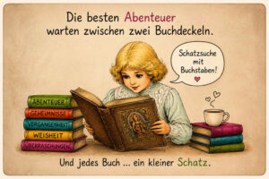 Ein blondes Mädchen liest aufmerksam in einem reich verzierten alten Buch. Neben ihr liegen Bücher mit den Aufschriften „Abenteuer“, „Geheimnisse“, „Vergangenheit“, „Weisheit“ und „Überraschungen“. Das Mädchen nennt das Lesen eine „Schatzsuche mit Buchstaben“. Darüber und darunter steht: „Die besten Abenteuer warten zwischen zwei Buchdeckeln.“ und „Und jedes Buch … ein kleiner Schatz.“