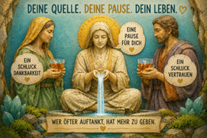 Eine sitzende steinerne Frau lässt aus ihren Händen einen kleinen Wasserfall strömen. Zwei weitere Figuren stehen mit gefüllten Gläsern an ihrer Seite und sprechen von „einem Schluck Dankbarkeit“ und „einem Schluck Vertrauen“. In der Mitte heißt es: „Eine Pause für dich.“ Darüber steht: „Deine Quelle. Deine Pause. Dein Leben.“ Das Fazit lautet: „Wer öfter auftankt, hat mehr zu geben.“