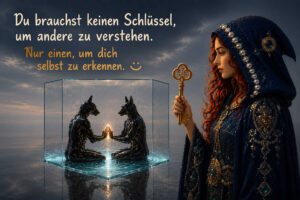 Eine rothaarige Frau in einem reich verzierten blauen Gewand hält einen großen goldenen Schlüssel. Vor ihr sitzen zwei schwarze, hundeköpfige Gestalten spiegelbildlich in einem gläsernen Würfel und berühren einander an einer leuchtenden Stelle. Die stille Szene spielt auf Verstehen, Spiegelung und Selbsterkenntnis an. Der Text lautet: „Du brauchst keinen Schlüssel, um andere zu verstehen. Nur einen, um dich selbst zu erkennen.“