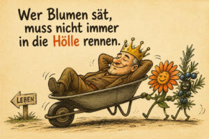 Ein älterer Mann mit Krone liegt entspannt in einer Schubkarre und lässt sich von zwei vermenschlichten Pflanzen ziehen. Eine orangefarbene Blume und ein Zweig mit dunklen Beeren marschieren gemeinsam an einem Wegweiser vorbei. Der Wegweiser zeigt in Richtung „Leben“. Über der Szene steht: „Wer Blumen sät, muss nicht immer in die Hölle rennen.“