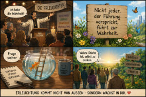 Eine vierteilige Bildergeschichte beginnt mit einem selbst ernannten Wahrheitsverkünder, der vor den „Erleuchteten“ behauptet: „Ich habe die Wahrheit!“ Daneben warnt ein sonniges Schild: „Nicht jeder, der Führung verspricht, führt zur Wahrheit.“ Ein Goldfisch vor einer Leiter fordert „Frage weiter“, während ein Notizbuch „Vertrau deinem Verstand“ und eine Tasse „Zweifel rettet“ verkünden. Im letzten Bild gehen Menschen zu Wegweisern für „Wahrheit“, „Verantwortung“ und „Freiheit“, begleitet von den Worten: „Wahre Stärke ist, selbst zu denken.“ Darunter steht: „Erleuchtung kommt nicht von außen – sondern wächst in dir.“