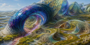 Große gewölbte Gebäude mit durchscheinenden Häuten erheben sich aus einer moosbewachsenen Wasserlandschaft. Ihre Oberflächen schimmern blau, violett, gelb und grün und sind von dunklen Adern überzogen. Geschwungene Wege führen durch offene Tunnel und kleinere netzartige Räume. Mehrere Menschen bewegen sich zwischen den organischen Häusern oder sitzen gemeinsam in einem beleuchteten Innenraum.