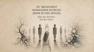 Eine junge Frau im hellen Kleid steht mit dem Rücken zum Betrachter vor einer Reihe menschlicher Gestalten. In der Mitte blickt ihr eine ähnlich aussehende Frau entgegen, während dunkle und blasse Figuren symmetrisch in den Hintergrund führen. Verzweigte organische Muster wachsen von beiden Bildrändern in die helle, beinahe leere Umgebung. Darüber steht: „Du begegnest niemandem zufällig. Jeder ist ein Spiegel. Was du suchst, sucht dich.“