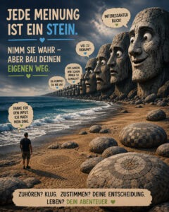 Ein Mann wandert an einem Strand entlang, der von einer scheinbar endlosen Reihe riesiger Steinköpfe gesäumt wird. Die Köpfe kommentieren seinen Weg mit Sätzen wie „Da kommst du nie an!“, „Das haben wir schon immer so gemacht!“ und „Viel zu riskant!“ Der vorderste Kopf findet dagegen: „Interessanter Blick!“ Der Wanderer denkt: „Danke für den Input. Ich mach mein Ding.“ Darüber steht: „Jede Meinung ist ein Stein. Nimm sie wahr – aber bau deinen eigenen Weg.“