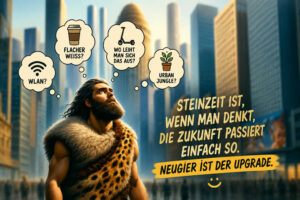 Ein bärtiger Steinzeitmensch steht staunend zwischen den Hochhäusern einer modernen Metropole. In Gedanken fragt er nach WLAN, einem flachen Weiß, einem Leihroller und dem „Urban Jungle“. Daneben steht: „Steinzeit ist, wenn man denkt, die Zukunft passiert einfach so.“ Die abschließende Botschaft lautet: „Neugier ist der Upgrade.“