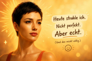 Eine kurzhaarige Frau blickt ruhig vor einem leuchtend orangefarbenen Hintergrund in die Ferne. Helle Strahlen und kleine Sterne umgeben ihren Kopf wie eine moderne Aureole. Das warme Licht unterstreicht die selbstbewusste, ungekünstelte Ausstrahlung. Der Text lautet: „Heute strahle ich. Nicht perfekt. Aber echt. Und das reicht völlig.“