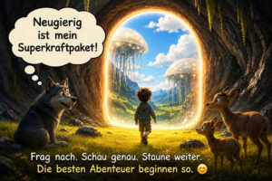 Ein Kind geht aus einer dunklen Höhle auf ein golden leuchtendes Portal zu, hinter dem eine sonnige Landschaft mit riesigen schwebenden Quallenwesen liegt. Ein Wolf sowie zwei junge Rehe beobachten seinen mutigen Aufbruch. Der Wolf denkt: „Neugierig ist mein Superkraftpaket!“ Darunter steht: „Frag nach. Schau genau. Staune weiter. Die besten Abenteuer beginnen so.“