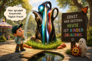 Ein Junge betrachtet in einem sonnigen Park einen fantasievollen Brunnen aus geschwungenen Röhren, durch die Wasser und farbiges Licht fließen. Neben dem Brunnen stehen zwei kleine lächelnde Fantasiefiguren, und auf einem Schild sitzt ein Schmetterling. Der Junge denkt: „Hier sprudelt Kreativität. Täglich frisch!“ Das Schild erklärt: „Ernst war gestern. Heute ist Kinder-Erlaubnis.“