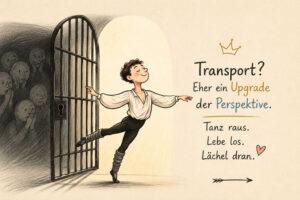 Ein lächelnder Tänzer schwebt mit ausgebreiteten Armen durch das offene Tor eines dunklen Gefängnisses. Hinter den Gitterstäben bleiben mehrere verängstigte Gesichter zurück. Daneben steht: „Transport? Eher ein Upgrade der Perspektive.“ Darunter folgen die Aufforderungen: „Tanz raus. Lebe los. Lächel dran.“