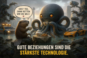 Ein riesiger freundlicher Oktopus und ein Biber trinken gemeinsam Tee in einer überfluteten futuristischen Stadt. Zwischen ihnen stehen eine geblümte Teekanne und ein Teller mit Keksen, während Roboter, Einsatzfahrzeuge und ein Sportwagen durch das Wasser fahren. Der Biber sagt: „Erst Tee, dann retten wir die Welt.“ Darunter steht: „Gute Beziehungen sind die stärkste Technologie.“