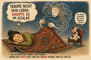 Eine Frau schläft friedlich unter einem reich gemusterten Teppich. Hinter ihr erscheint eine geisterhafte Gestalt, deren Haar aus endlosen Fäden besteht und die den Teppich während des Schlafs weiterstrickt. Eine Kuh sitzt daneben und bemerkt anerkennend: „Ich muss zugeben: Die hat’s einfach drauf!“ Die Texte lauten: „Träume nicht dein Leben. Knüpfe es im Schlaf.“ und „Die schönsten Dinge entstehen, wenn der Kopf ruht und die Hände wissen, was zu tun ist.“